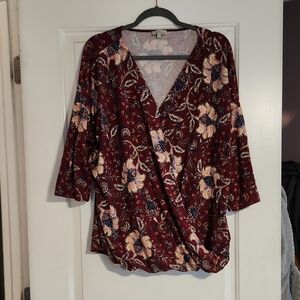 Floral V-Neck Women's Top - Burgundy